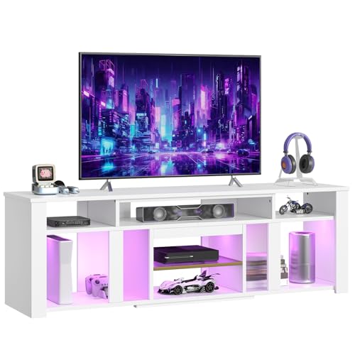Bestier 80 Inch TV Stand for 85 Inch TVs, Modern Open Entertainment Center with LED Lights & Adjustable Shelves, Media Console for Gaming Setup and Home Theater (White)