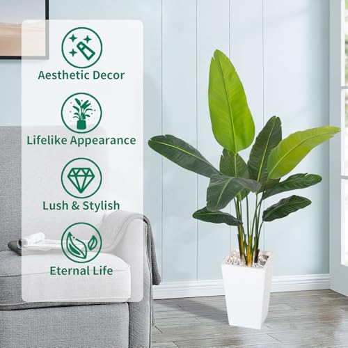 HAIHONG Bird of Paradise Artificial Plant 5FT, Faux Tropical Palm Tree with White Tall Planter, Large Fake Plants in Pot - Artificial Tree for Home Office Living Room Decor Indoor
