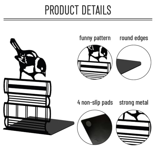WADORN 1 Pair Sparrow Birds Books Metal Decorative Bookend for Shelves, Heavy Duty Book Ends Non-Skid Books Holder Stand Black Book Support Stoppers for Desk Bookshelf Office Home, 5.3x4.3x7.9 Inch - color: Book Bird