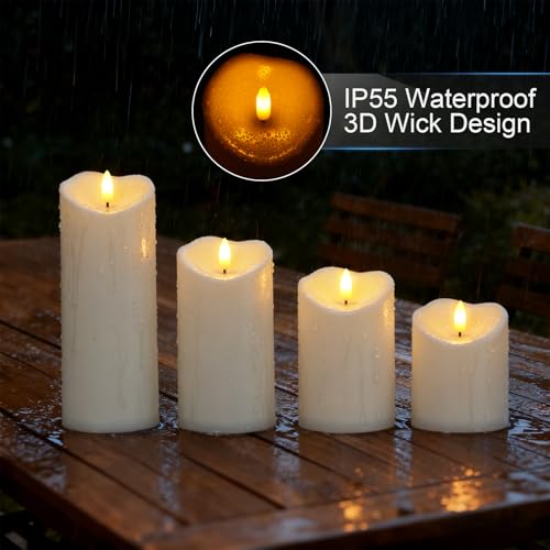 Raycare 3"x4"5" 6" 8" 8" Outdoor Waterproof Flameless Candles, Battery Operated LED Candles with Remote Control and Timer, Electric Fake Plastic Pillar Candles, Ivory White, Set of 5 - color: D3"xH4"5"6"8"8"-Ivory White