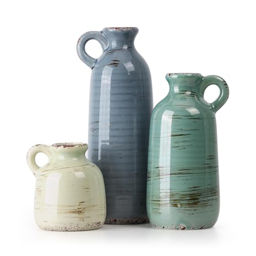 Ceramic Vase Set of 3, Vase with Handle, Modern Farmhouse Vases for Pampas Grass & Dried Flowers, Flower Vase for Table Living Room Home Decor-Multicolor - color: 3pcs-multicolor With Handle