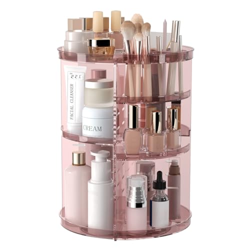 Rotating Makeup Organizer, DIY 8 Adjustable Layers 360 Spinning Skincare Organizers, Makeup Storage Carousel Tower with Brush Holder & Perfume Trays, Cosmetic Display Case for Vanity Bathroom - color: Clear Pink