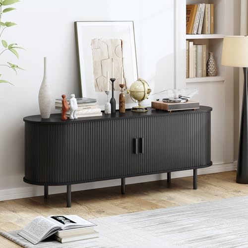 55" TV Stand with Power Outlet, Modern Media Console with Sliding Doors, Entertainment Center for TVs up to 60 Inch, Adjustable Shelves, Black - color: Black, size: 55 Inch