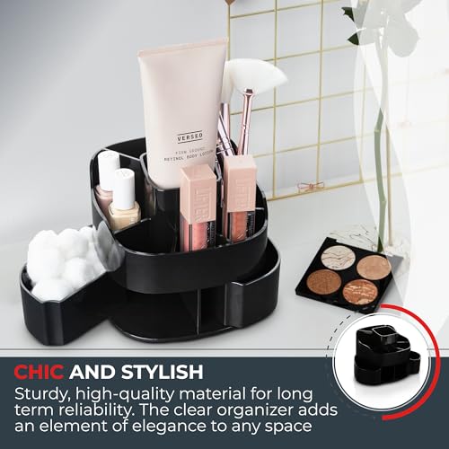 Masirs 360° Rotating Makeup Organizer for Vanity – Small Acrylic Cosmetic Storage Caddy with 5 Compartments, Mini Lazy Susan Turntable for Bathroom Counter, Skincare, Perfume, Brushes, Black - color: Square Black