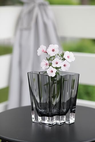 Glass - Vase - Gray - Smoky Black - Grey - Chevron Design - 6.75" Height - Heavy Durable - Made in Europe - by Barski