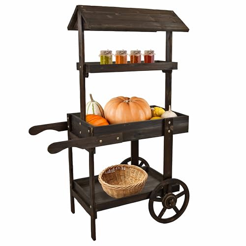 Sunnydaze Country Market Flower Cart Display Stand with Wheels - 2 Shelves - Fir Wood - 30 lb Weight Capacity - Charred Fir - color: Charred Fir