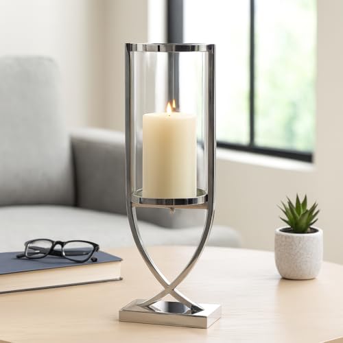 Contemporary Metal and Glass Hurricane Candle Holder - Decorative Pillar Candlestick Holder for Table Centerpiece - Elegant Home Decor Accents for Any Special Occasion Decoration - 23" Silver - color: Silver, size: 23"