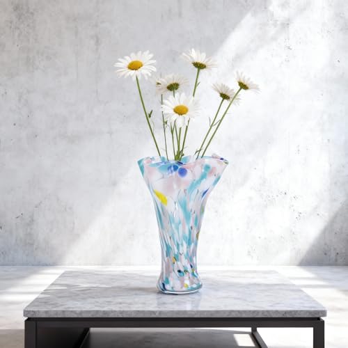 9.1H Murano Hand Blown Glass Vase, Ruffled Scalloped Rim Trumpet Shape, Wide Mouth Colorful Decorative Glass Vase, Sculptural Art Centerpiece for Living Room Table, Bathroom, Office Shelf(Blue-Yellow) - color: Blue-yellow