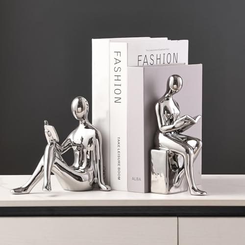 Ceramic Decorative Bookends, Book Ends for Shelves, Home Office Decor Aesthetic Statues Book Holders Stoppers for Bookshelf, Table, Bedroom Living Room Decoration (Silver) - color: Silver