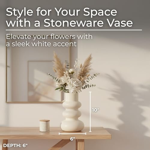 Stoneware Decorative Vase – Flower Vases for Fresh or Dried Stems, Living Room, Entry, or Office Accent, Modern Home Decor Sculptural Design With Soft Curves – 10" – Ivory White