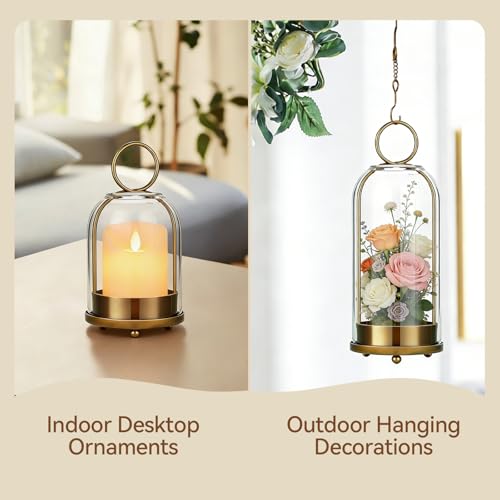 Brass Glass Candle Holders Set of 2 (5"x11" & 4.5"x7.6"), Metal Candle Holder with Glass Dome, Hanging or Tabletop Lantern Decor for Home, Centerpiece