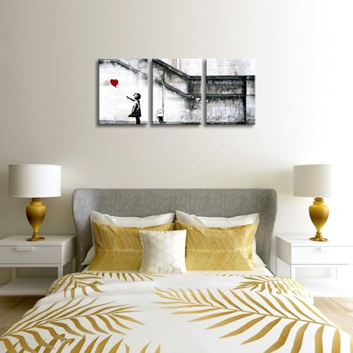 Wieco Art Banksy Grafitti Girl with Red Balloon Modern 3 Piece Famous Canvas Paintings Wall Art Inspirational Grey Love Pictures Print Artwork for Dining Room Kitchen Home Office Decor - color: Girl with Red Balloon, size: 12 x 16 inches (Unframed)
