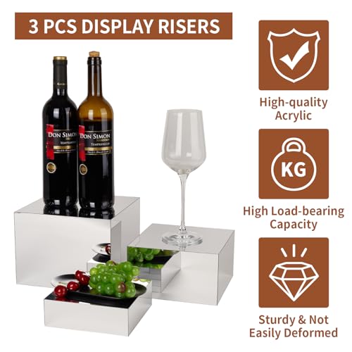 3 Pcs Acrylic Risers for Display, Acrylic Cube Box Food Display Risers Stand Shelf for Catering Dessert Collectibles Jewelry Figures Party (Silver3pc) - size: Silver 3pcs (6",7",8")
