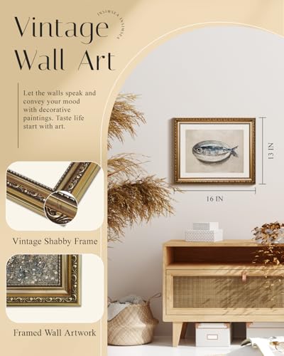 InSimSea Gold Framed Wall Art, Kitchen Dining Room Vintage Sardine on the Plate Wall Decor, Still Life Canvas Print Art, Home Farmhouse Decor, Antique Paintings with Picture Frame 13x16inch - color: Sardine on the Plate, size: 16"L x 13"W