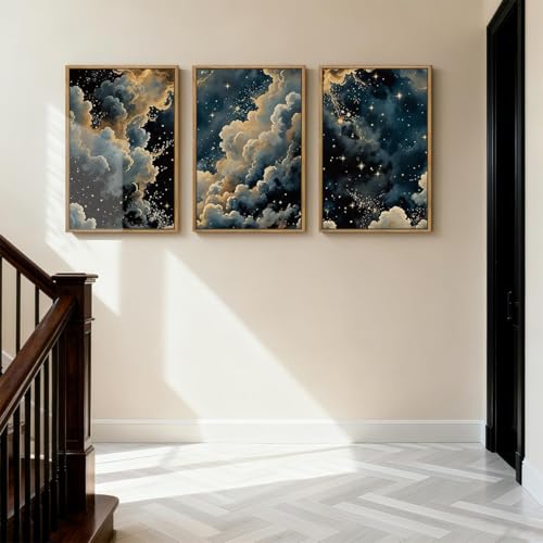 HPNIUB Dreamy Starry Night Sky Framed Wall Art Set,Moody Celestial Wall Decor,Modern Abstract Manimalist Gothic Printing,Natural Stars Illustrations Artwork for Living Room, Bedroom,Office-16''x24''x3 - color: Misty Starry Sky Wall Art, size: 16"L x 24"W