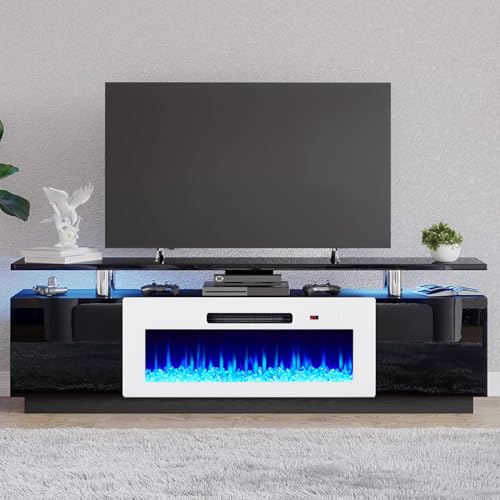 AMERLIFE Fireplace TV Stand with 36" White Fireplace, 70" Modern Fireplace Entertainment Center LED Lights, 2 Tier TV Console Cabinet for TVs Up to 80", Black & White - color: Black & White, size: 70"