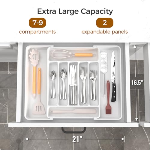 ukeetap Extra Large Expandable Silverware Organizer, BPA-Free Food-Safe Cutlery Flatware Organizer, Kitchen Utensil Drawer Organizer, Adjustable Silverware Holder for Spoons Forks Knives, White - color: White