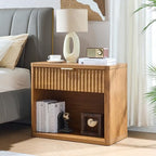 LEYAOYAO 31" Wide Fluted Nightstand with Charging Station, Oversized Extra Large 1 Drawer Night Stand with Golden Handle, Brown Wood Bedside Table Tall End Tables,for Bedroom, Living Room, Hallway - color: Brown, size: 1 Drawers