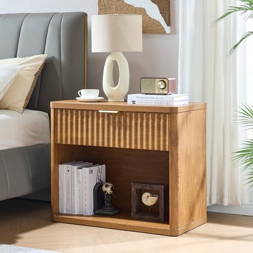 LEYAOYAO 31" Wide Fluted Nightstand with Charging Station, Oversized Extra Large 1 Drawer Night Stand with Golden Handle, Brown Wood Bedside Table Tall End Tables,for Bedroom, Living Room, Hallway - color: Brown, size: 1 Drawers
