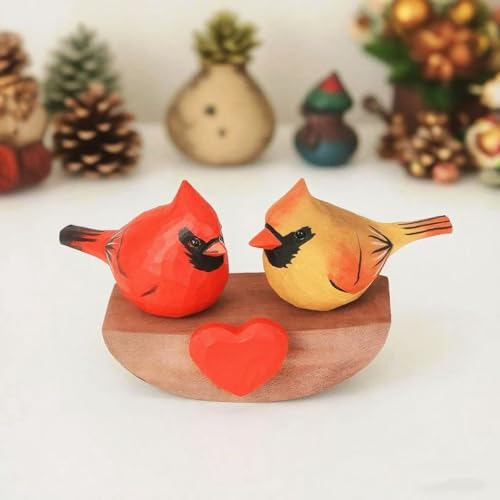 Handmade Wooden Cardinal Figurines on Heart Base - Set of 3 Hand-Carved Male & Female Red Bird Statues - Romantic Couples Gift for Anniversary, Valentine's Day, Wedding & Home Decor Accents - color: Red&yellow