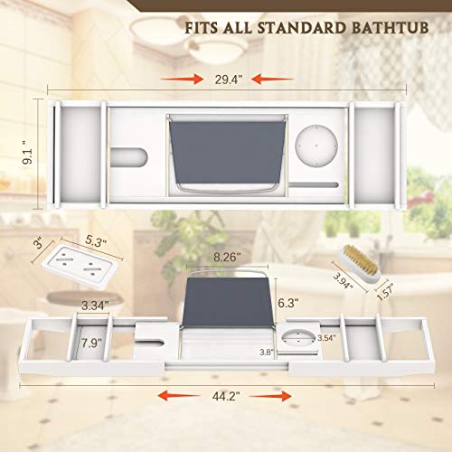 Bathtub Caddy Tray for Luxury Bath - Bamboo Waterproof Expandable Bath Table Over Tub with Wine and Book Holder and Free Soap Dish (White) - color: White