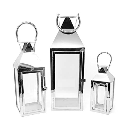 Allgala 3-PC Lantern Set 24 Inch Jumbo Deluxe Modern Indoor/Outdoor Candle Lantern Set Silver Stainless Steel Frame Tempered Glass Pyramid Top for Garden Poolside Fireplace Wedding - color: Pyramid Top Silver