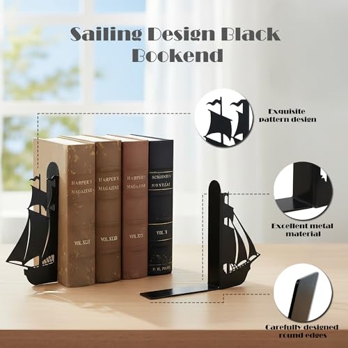 Sailing Metal Bookends, Black Decorative Book Ends for Shelves, Nonskid Book Holder Stand, Home Office Decor, Set of 2 - color: Sailing