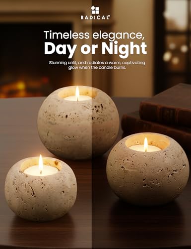 Radicaln Marble Tealight Candle Holder 4" Inch Travertine Handmade Decorative Votive Candle Holder for Home Decor, Elegant Set of 3 Mini Candle Holders & Marble Taper Holder for Housewarming - color: Travertine