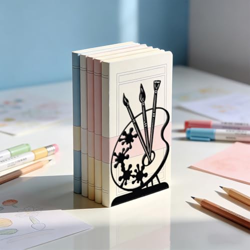 WADORN 1 Pair Painting Palette Metal Decorative Bookend for Shelves, Heavy Duty Book Ends Modern Non-Skid Books Holder Stand Black Book Support Stoppers for Desk Bookshelf Office Home, 5.3x4.3x7.8 - color: Painting Palette