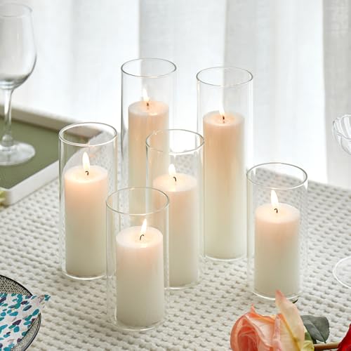 Set of 6 White Pillar Candles with Clear Glass Hurricane Holders- Elegant Cylinder Candle Vases for Weddings, Parties, Centerpieces, Home & Office Decor (White, 6 Set) - color: White, size: 6 SET