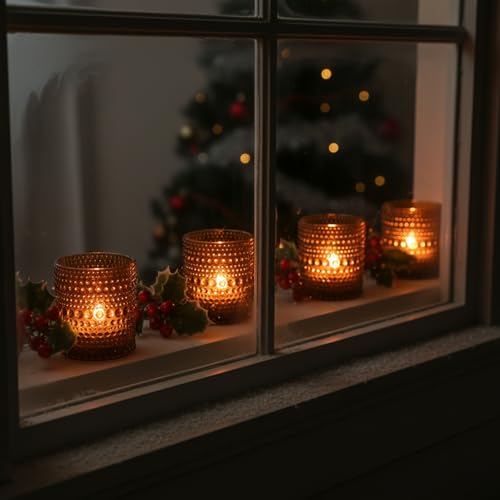 12Pcs Amber Votive Candle Holders 2x2.5in, Glass Tea Light Candle Holder for Wedding Table Decor & Christmas Thanksgiving - color: Amber