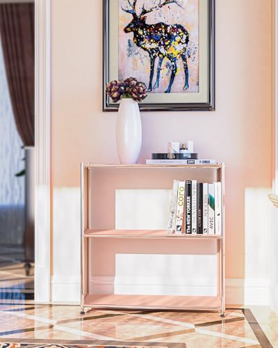32-Inch 2-Tier Metal Bookcase, Open Shelf Storage Organizer for Living Room, Bedroom, Side Table or Nightstand Use, Modern DIY Assembly (Matt Pink) - color: Matt Pink