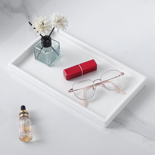 Bathroom Vanity Tray - 11'' Ceramic Rough-Textured Rectangle Countertop Tray, Heavy-Duty Perfume Organizer Plate, Jewelry Ring Tray, Kitchen Soap Dispenser Stone Trays, White - color: White