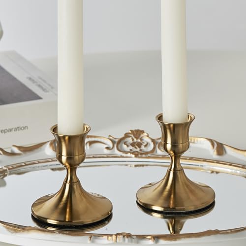 Willceka Gold Taper Candle Holder, Brass Candlestick Holders, Vintage Metal for Table Centerpieces Wedding Christmas Decor (Gold, 2 Pcs)