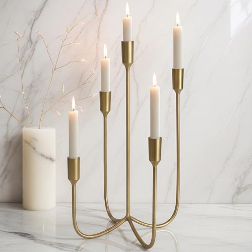 Candelabra for 5 Taper Candles – Hand-Forged Candle Holder with Elegant Vintage Finish – Decorative Centerpiece for Dining Room, Living Room or Mantel Decor（Brass Color-Straight） - color: Brass Color