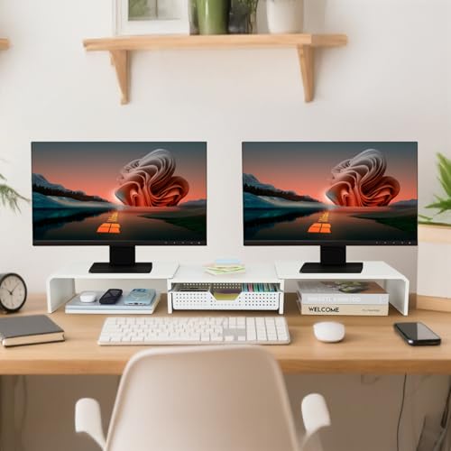 LEKETREE Dual Monitor Stand Riser with Drawer, Desk Organizer and Accessories, Metal Laptop Stand for Desk, Workspace Desktop Stand for Computer, Laptop, TV and More (White) - color: White