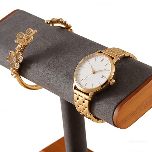 Solid Wood T-bar Watch Display Stand Bracelet Holder Jewelry Tower Organizer Space Saving for Personal Use Vendors Exhibit Trade Shows Retail Stores (Gray) - color: Gray-2
