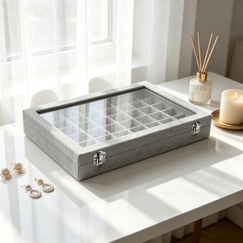 Stratalife Jewelry Organizer 48 Grid Jewelry Trays with Dust-proof Lid Velvet Earring Organizer Ring Holder Accessories Box Necklaces Earrings Storage for Women Drawers Gray - color: Gray, size: 48 Grid
