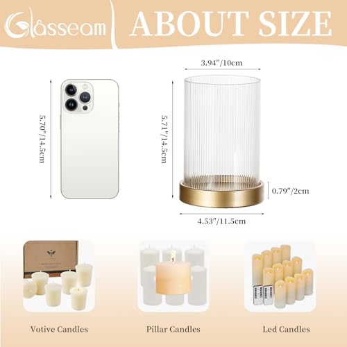 Glasseam Hurricane Glass Candle Holder: Gold Pillar Candle Holders Set of 2 Ribbed Glass Cylinder Covers with Metal Candle Tray Modern Candle Holders for Table Centerpiece Living Room Decorations - color: Gold