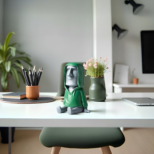 Moai Statue Phone Holder - Creative Easter Island Desk Stand for Cell Phone & Pen, Resin Desktop Organizer with Green Hoodie Design for Office Home Decor - color: Gray