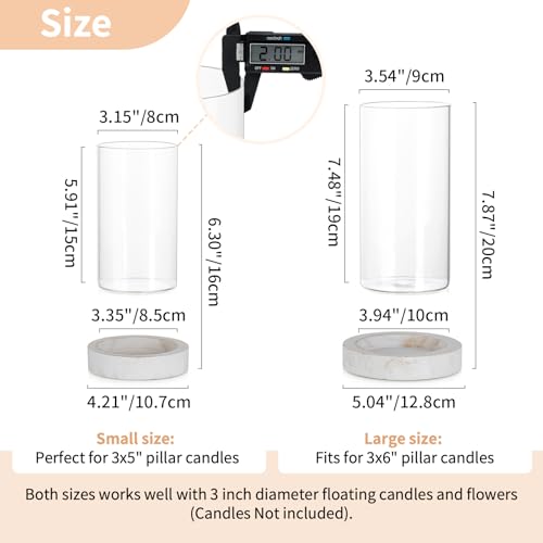 NUPTIO Hurricane Candle Holder for Wedding: Glass Cylinder Vase with Distressed White Wood Plate - Set of 2 Tall Pillar Candles Holder for Christmas Thanksgiving Holiday Decoration - color: Rustic White
