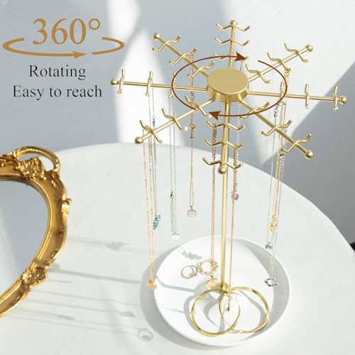 Rotating Necklace Holder Jewelry Stand, Gold Necklace Organizer Display with 48 W-shaped Hooks,Jewelry Organizer for Necklaces Earrings Rings Storage Tree, Presents for Women - color: gold-1pcs