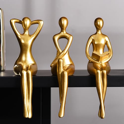 Quoowiit Gold Decor Thinker Statue Decor Book Shelf Decor, Abstract Statue Ornament Office Decor Modern Home Decor Decorations for Living Room Collectable Figurines Coffee Table Decor 3 Piece - color: Gold