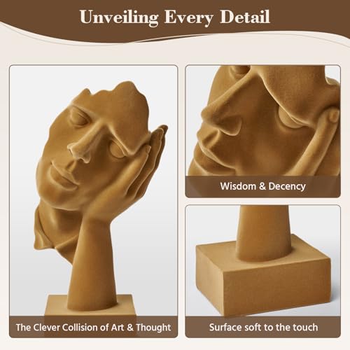 Velvet Flocked Thinker Sculpture for Bookshelf Decor, Hear No Evil Flocked Emotional Art Figurine Modern Abstract Art Statue Spring Decor for Home, Office, Desk Decor (Brown) - color: Nohear-brown