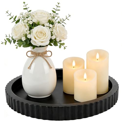 Modern Decorative Tray for Coffee Table, 11" Wooden Black Round Small Decor Tray for Candle, Perfume, Vanity, Kitchen Island Counter & Table Centerpiece - color: Black