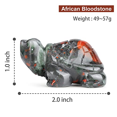 Crystal Turtle Figurines 2" Africa Blood Stone Healing Pocket Gemstone Sculpture Hand Carved Tortoise Statue for Home Office Decor, Paperweight