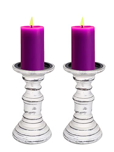 Farmhouse Wooden Candle Holders (Set of 2) - 7.5" Tall Pillar Stands, Antique Finish, Rustic Vintage Decor, Shabby Chic Home Accent, Decorative Centerpieces for Table - Antique White - color: White Antique, size: 7.5 Inch