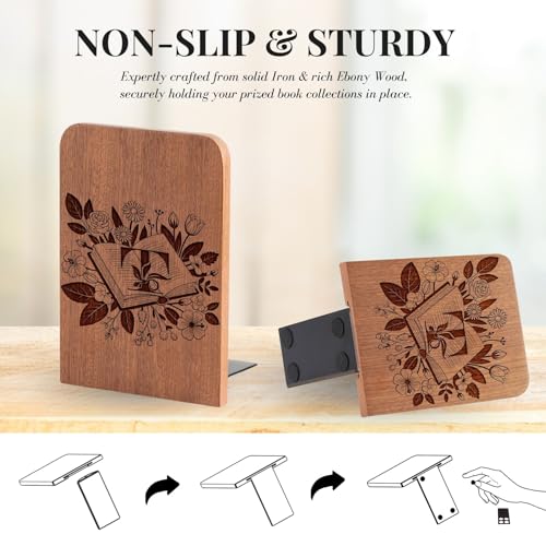 Wood Bookends, Book Ends for Shelves with Decorative Alphabet A and Z Design - Heavy Duty Iron & Ebony Wood Book Ends for Shelves Bookcase Desk - 1 Pair - T - color: T