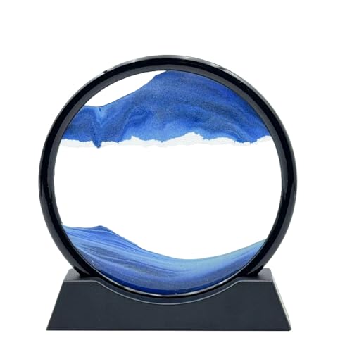 Moving Sand Art Liquid Motion, 3D Deep Sea Sandscape Color Quicksand Decor, Round Glass Moving Sand Art Picture Relaxing Desktop Home Office Work Decor (7 inch-Blue) - color: Blue, size: 7 inch