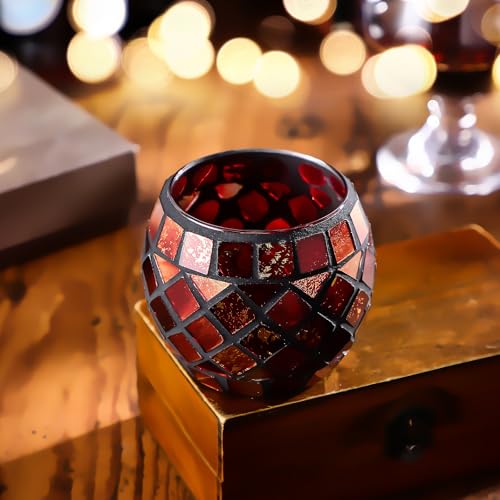 Ipetboom Glass Votive Candle Holder - Christmas Candle Holders Red Mosaic Tealight Candlestick Xmas Dining Table Centerpieces for Home Wedding Decorations Romantic Decor Party Ornament - 3.34x2.75in